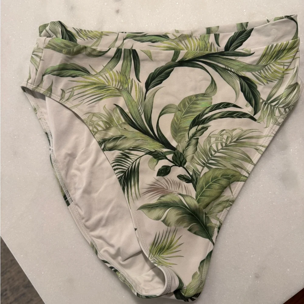Monday Swimwear Green Leaf Print Bikini Top and High Waist Bottoms